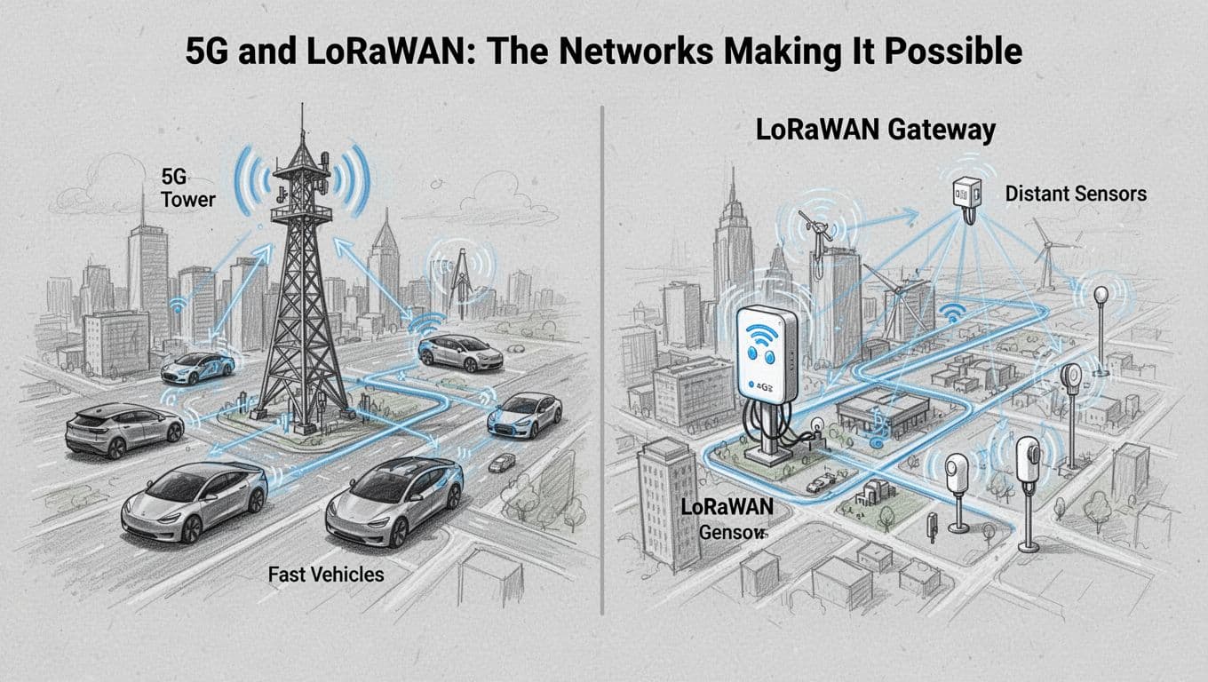 Hand-drawn sketch diagram comparing 5G tower connections to fast vehicles on the left and LoRaWAN gateway to distant sensors on the right, across a city map.
