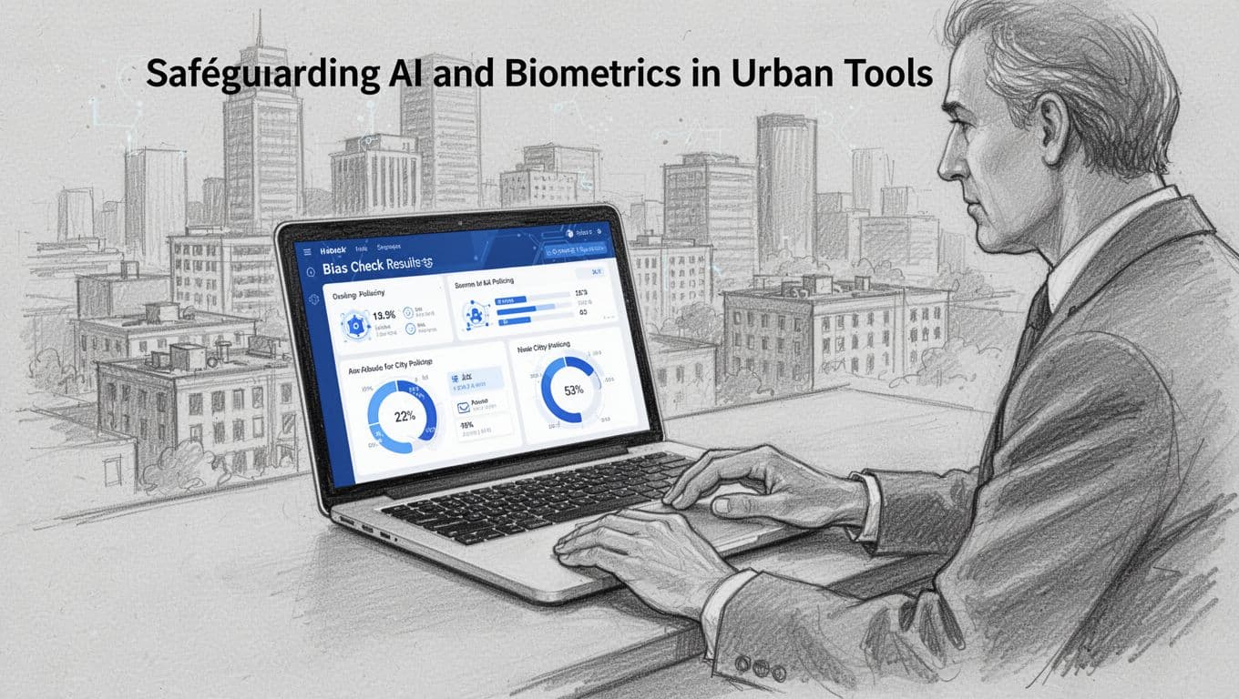 Hand-drawn graphite sketch of a single city official seated at a desk with relaxed hands on a laptop displaying an AI dashboard showing bias check results for city policing. Light shading on clean light gray paper background with blue accents on the dashboard, no text visible on screen.