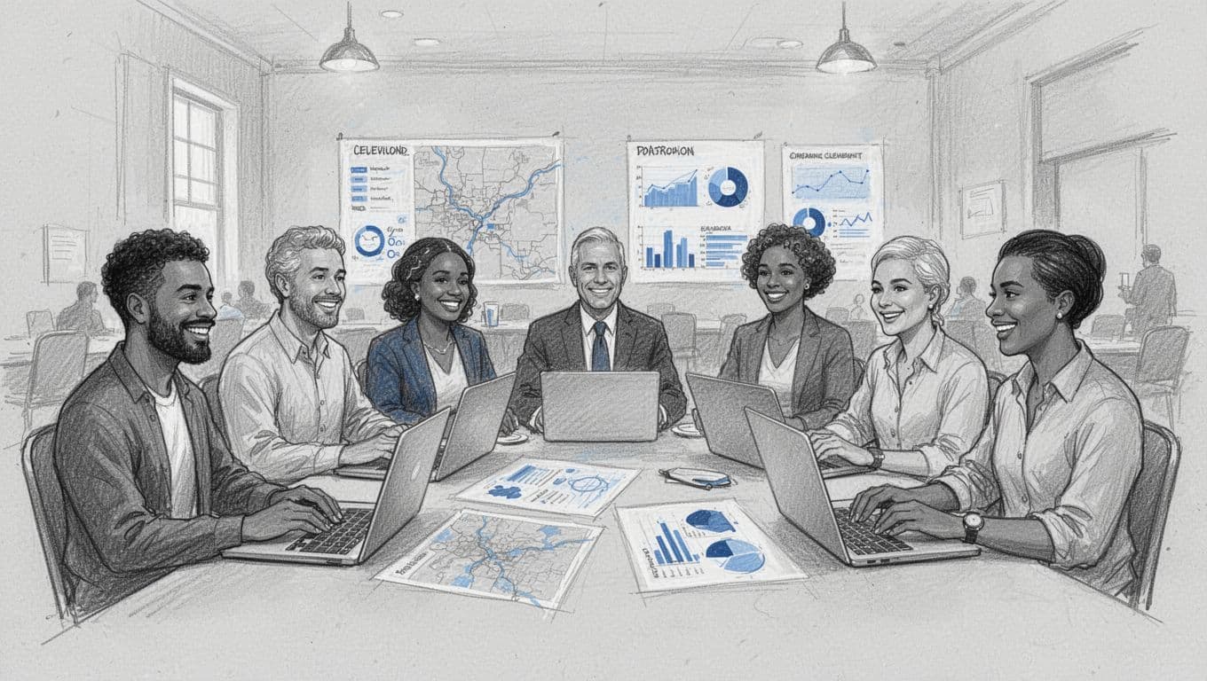 Hand-drawn sketch of a group of six diverse city residents and officials at a community datathon event in a hall, with laptops open discussing maps and data charts, graphite linework, light shading on clean light gray paper background.