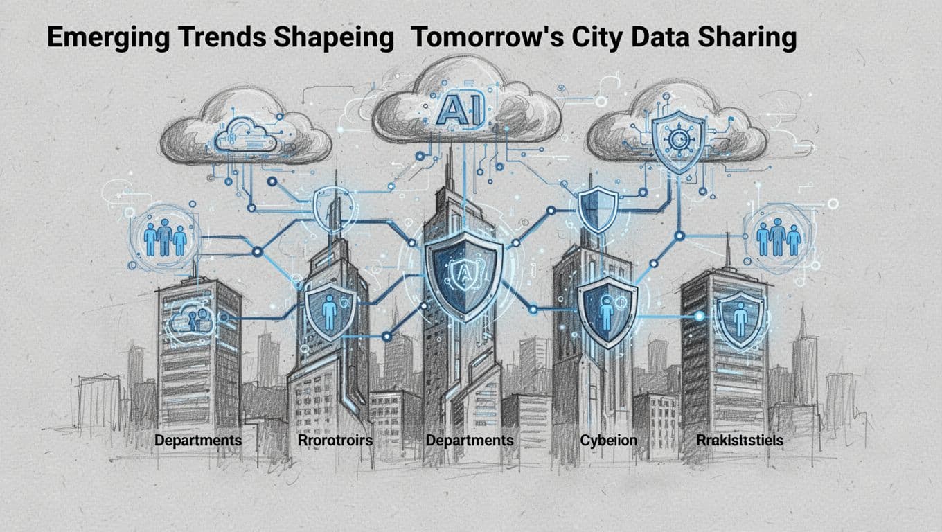 Hand-drawn graphite sketch of a futuristic city skyline with five buildings representing departments, linked by glowing data nodes in #1E73BE, AI clouds overhead, cyber shields, and whole-person icons on a clean light gray paper background.