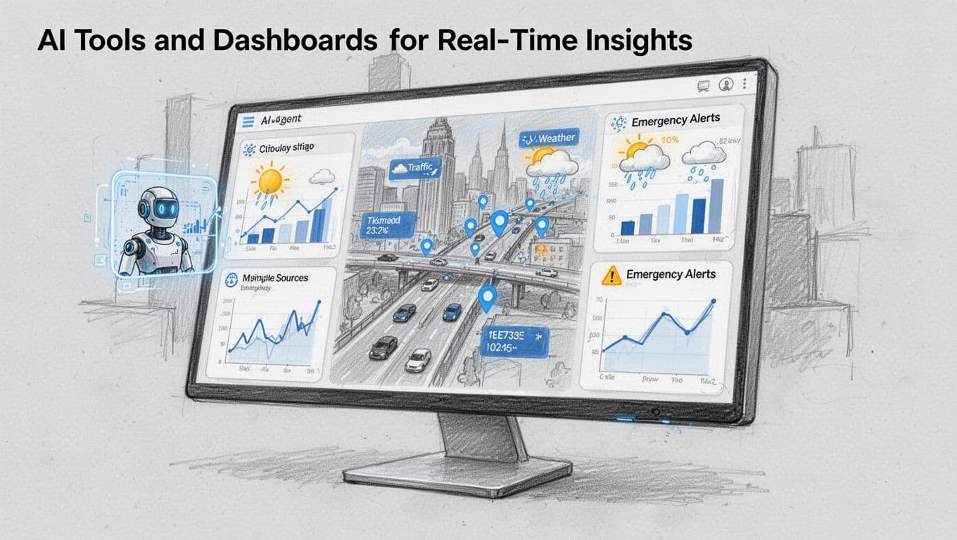 Dashboard screen on a monitor showing real-time city data overlays for traffic, weather, and emergency alerts analyzed by an AI agent icon, rendered in hand-drawn graphite sketch style with light shading and blue accents on a light gray background.