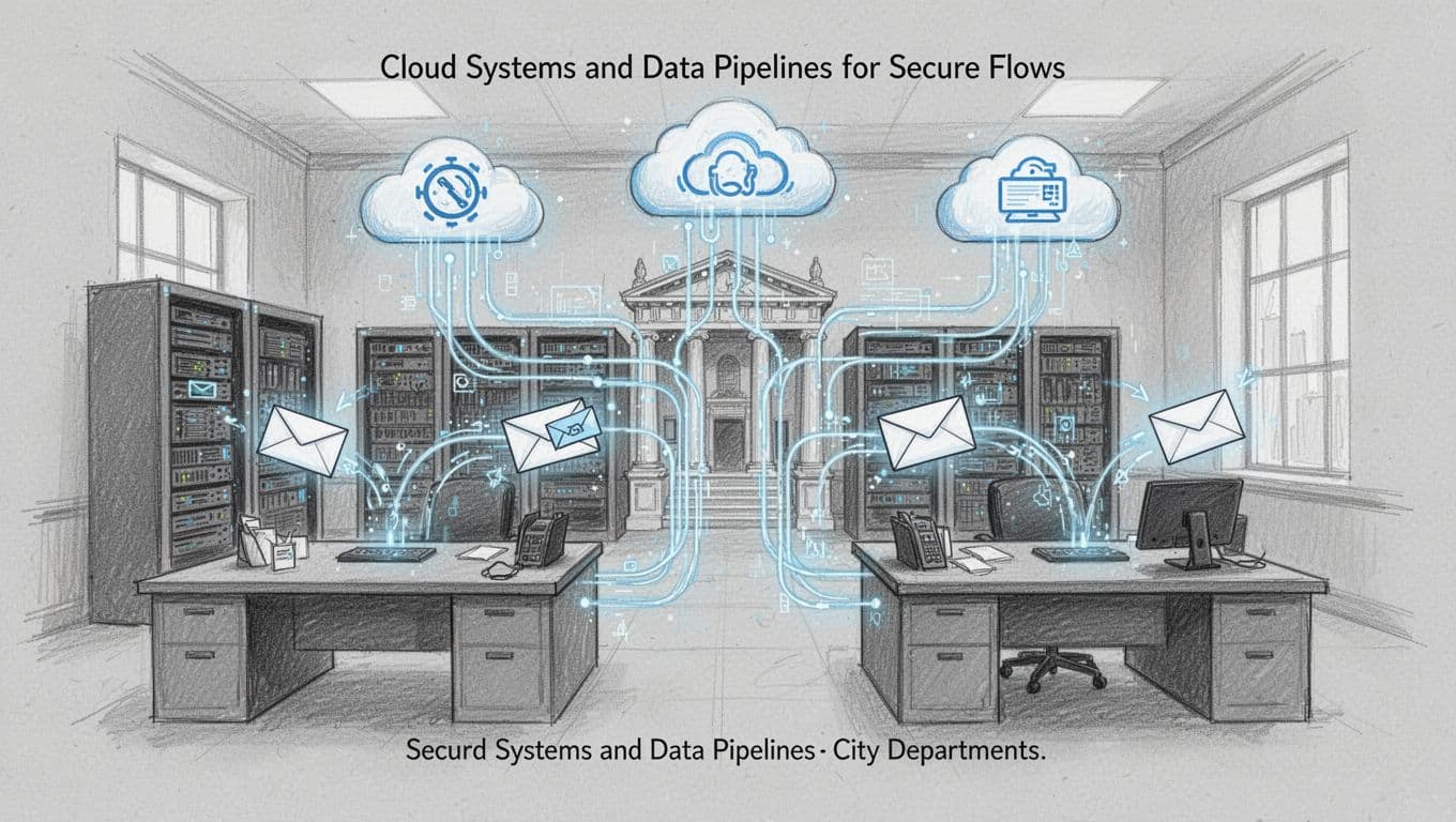 Hand-drawn sketch of a city government building interior showing servers and glowing data pipelines connecting two department desks, with floating hybrid cloud icons and moving digital mail envelopes. Graphite linework with light shading on clean light gray paper background, accented by blue data flows.