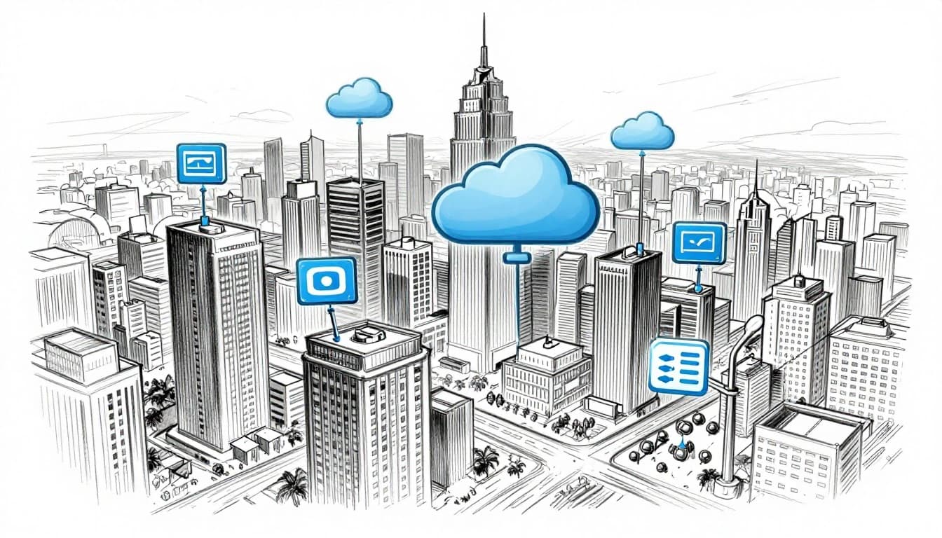 Hand-drawn graphite sketch of a bustling smart city skyline at dusk, integrating icons for cloud storage, edge computing devices, and GIS database overlays.