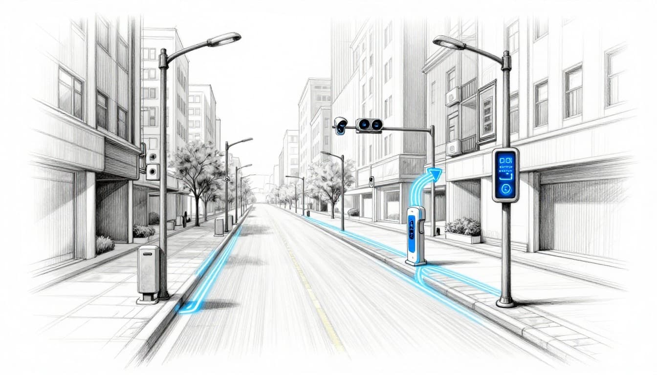 Modern city street scene in cohesive hand-drawn graphite sketch style featuring embedded IoT sensors, underground fiber optic networks, smart streetlights, EV charging stations, and traffic cameras with subtle light shading on clean white paper.
