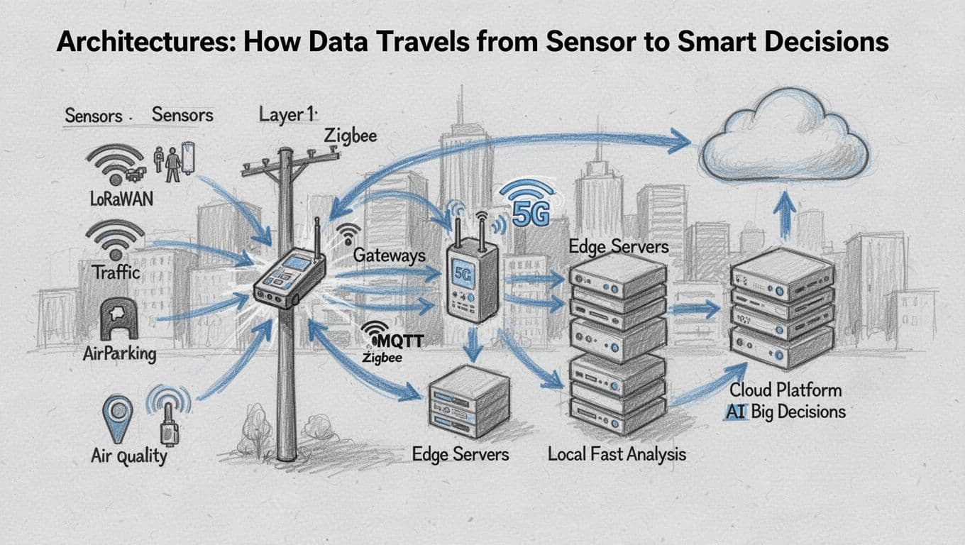 Hand-drawn diagram showing data flow from smart city sensors via gateways and edge servers to cloud AI for decisions, with urban skyline background and blue accents.