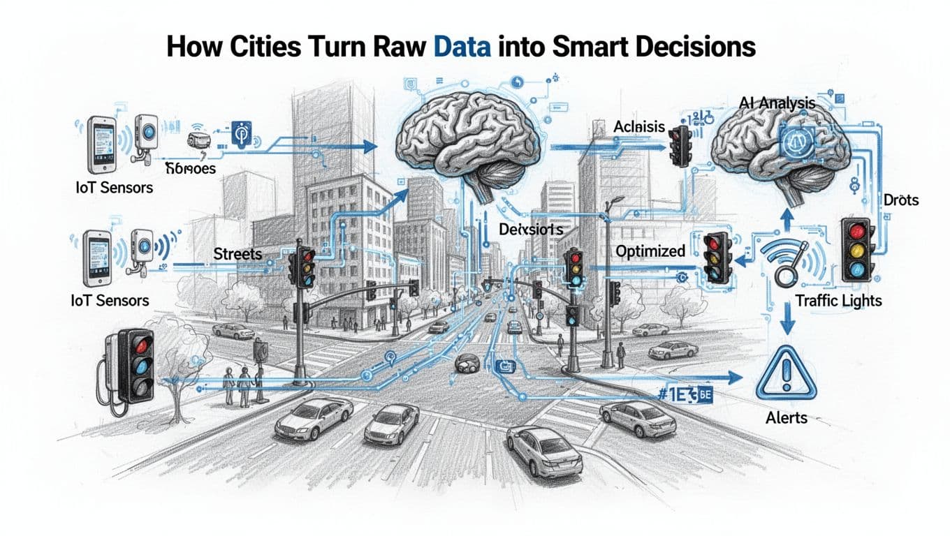 Hand-drawn sketch illustrating a data pipeline from IoT sensors on city streets to an AI brain icon, outputting decisions like optimized traffic lights and alerts at a central intersection.