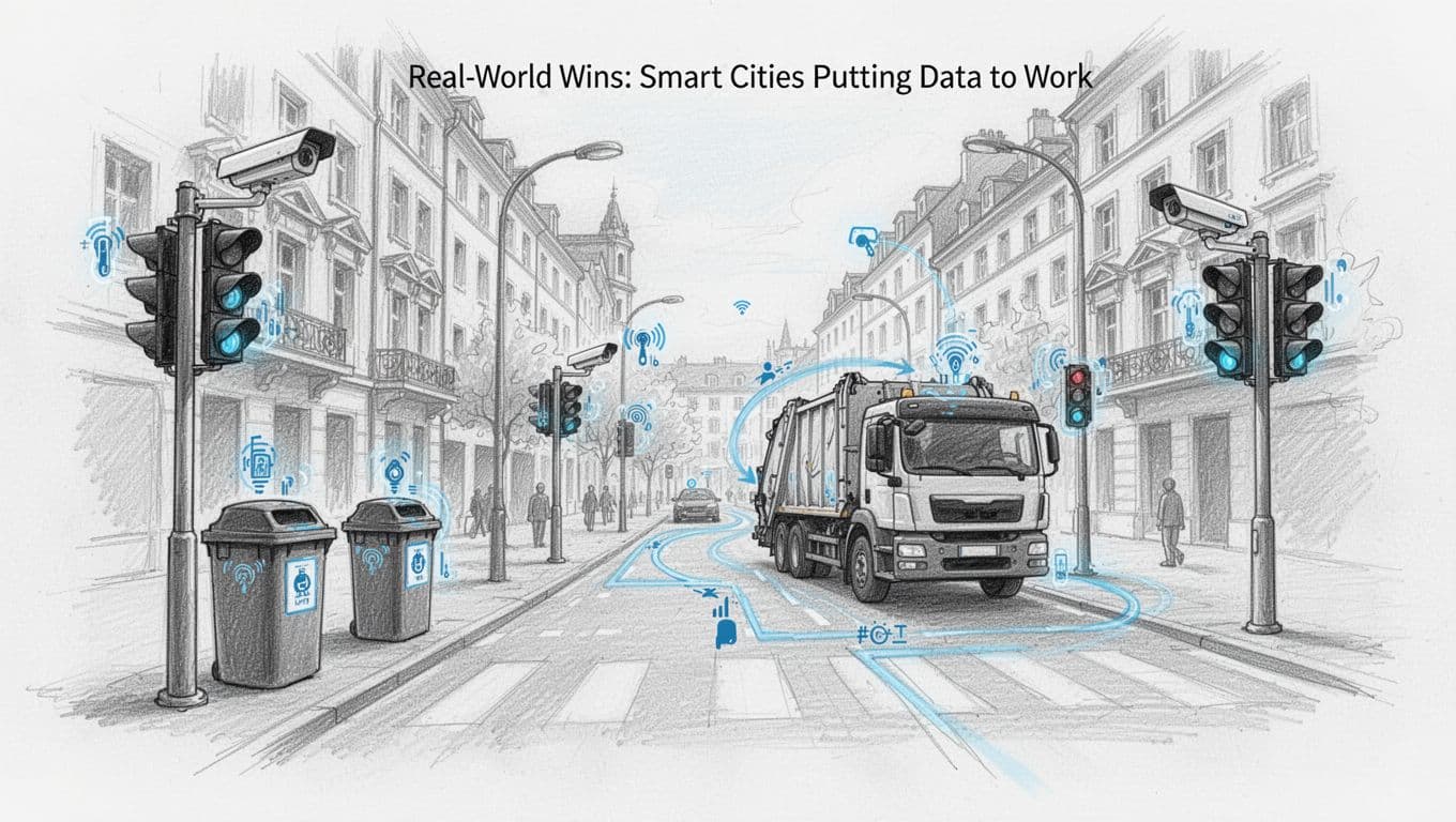 Hand-drawn graphite sketch on pale background with light shading, featuring sensor-equipped bins, traffic lights, street cameras, and optimized waste truck routes in a European-style street. Blue accents highlight sensors and signals, landscape view, clean composition without humans or text.