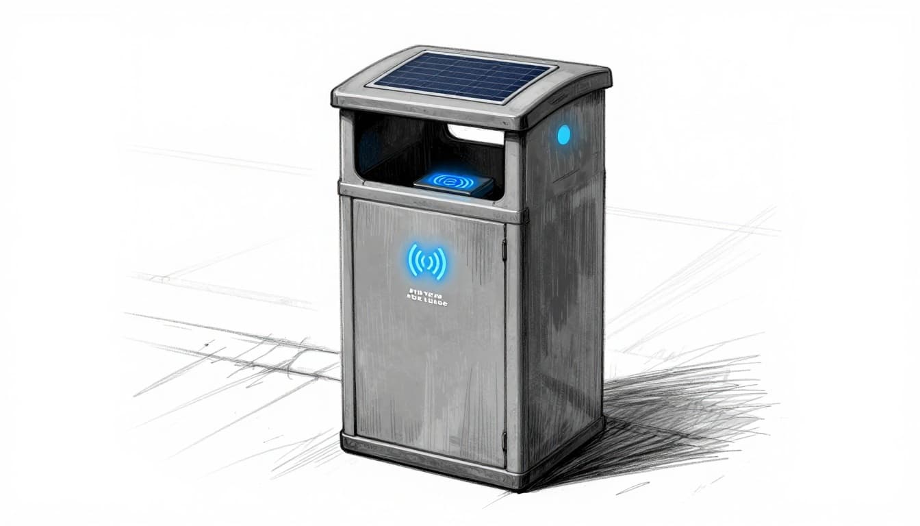 Hand-drawn graphite sketch of a public trash bin on an urban street, featuring embedded IoT sensors with ultrasonic waves scanning inside for fill level, solar panel on the lid, and subtle blue glow from sensors on a light gray background.