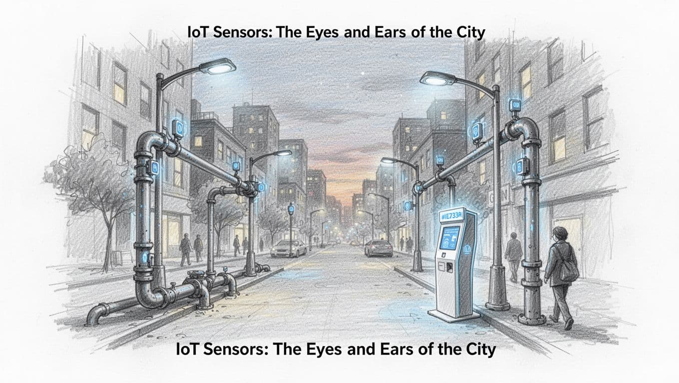 Hand-drawn graphite sketch of a city street at dusk featuring IoT sensors glowing on streetlights, water pipes, and a contactless health kiosk, with one pedestrian nearby.