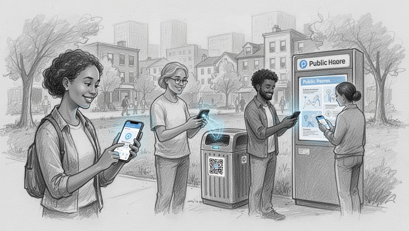 Hand-drawn graphite sketch of an urban neighborhood park scene featuring three diverse residents: one using a smartphone app to report an issue, one scanning a QR code on a smart bin, and one viewing a public info kiosk, with subtle blue glows on devices and light shading on a very light gray background.